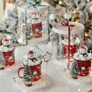 圣诞节杯子蛋糕装饰插件红色搪瓷杯水晶球老人雪人树摆件节日配件