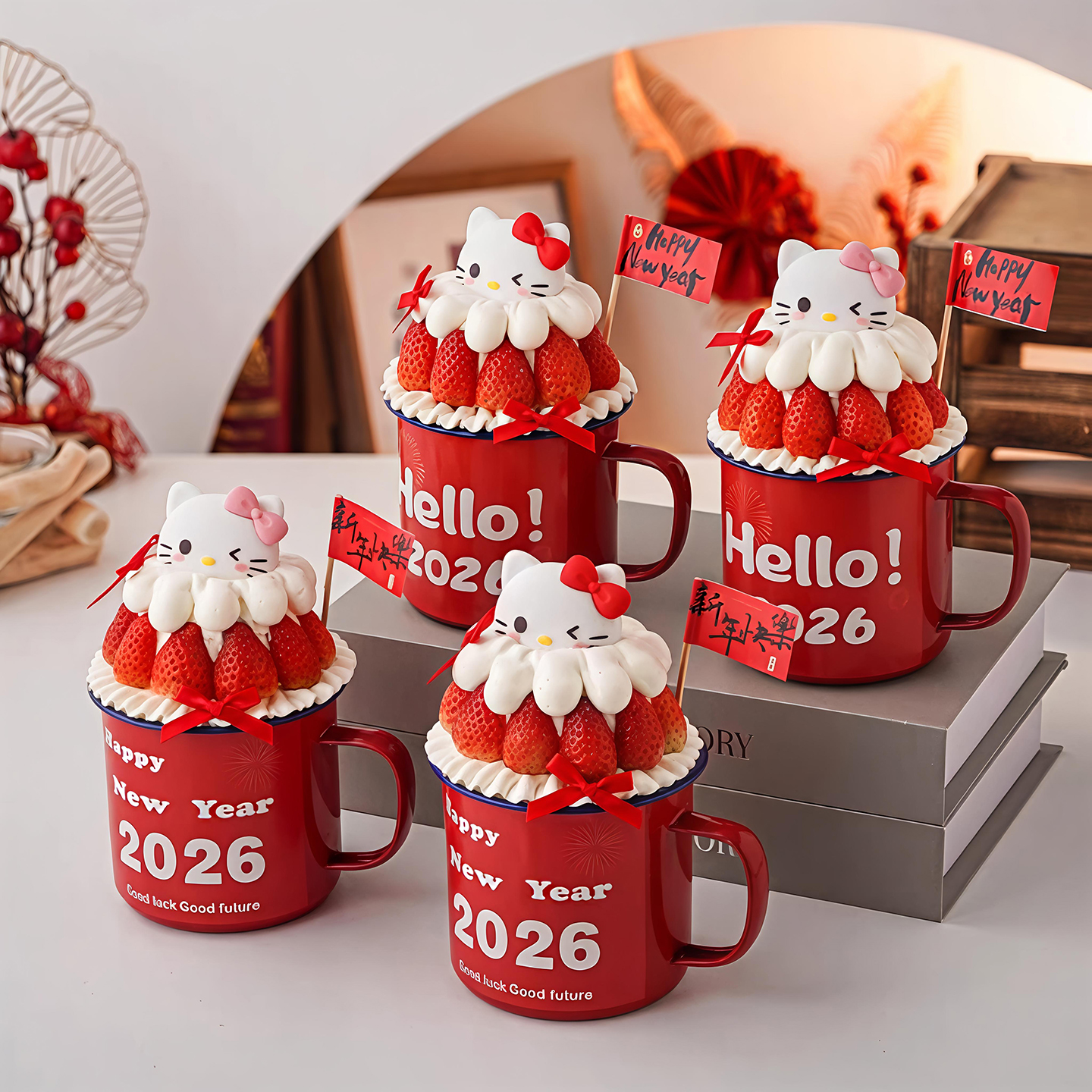 包邮2026跨年新年网红烘焙蛋糕装饰摆件搪瓷杯Kitty猫贴纸插件