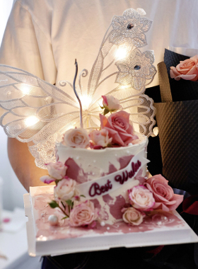 佳妍款小仙女网红蛋糕装饰摆件紫色手工刺绣蝴蝶带灯生日烘焙插件