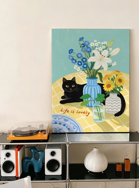 猫与繁花日常扁平肌理猫咪花艺挂画治愈奶油风餐厅玄关艺术装饰画