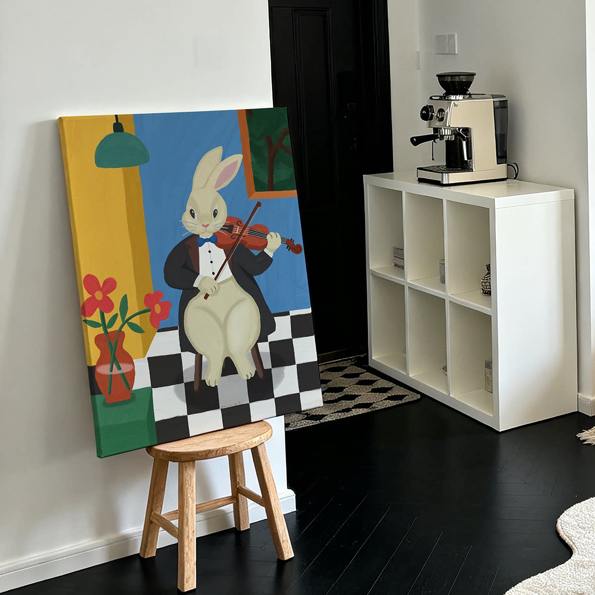 法式复古绅士兔子艺术挂画可爱动物小提琴油画小众卧室玄关装饰画