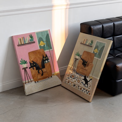 慵懒猫咪奶油风装饰画喷绘油画风靠墙画客厅玄关挂画餐厅画框