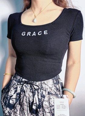 撤柜尾货短袖T恤女夏季字母印花体恤衫短款辣妹上衣超高弹力 质感
