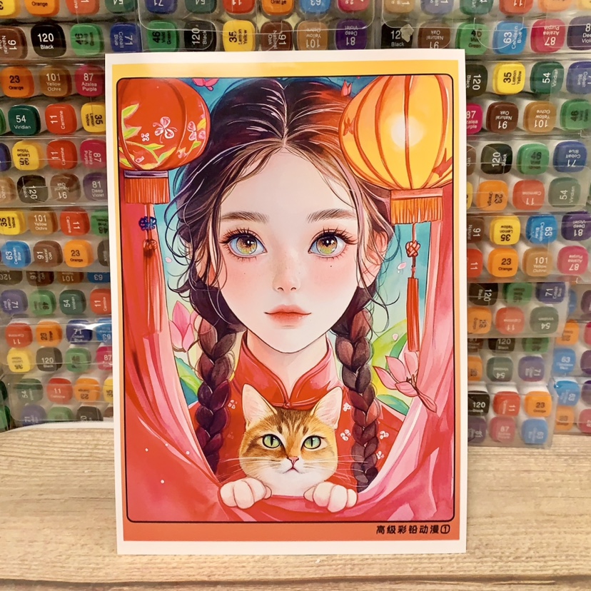 高级彩铅动漫人物临摹卡儿童创意美术明信片彩铅卡通动漫头像场景