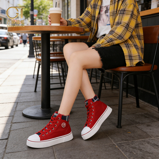 GT高端高帮帆布鞋女款2026新款夏透气厚底软底不累脚红色中帮板鞋