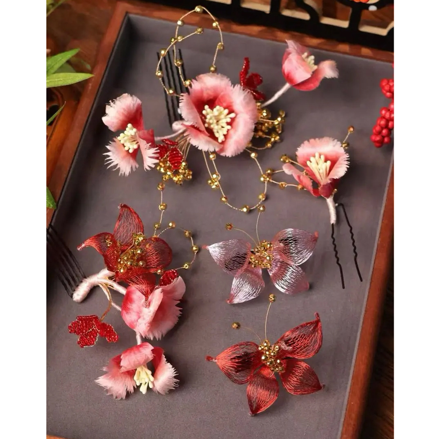 手作粉红绒花新中式套装