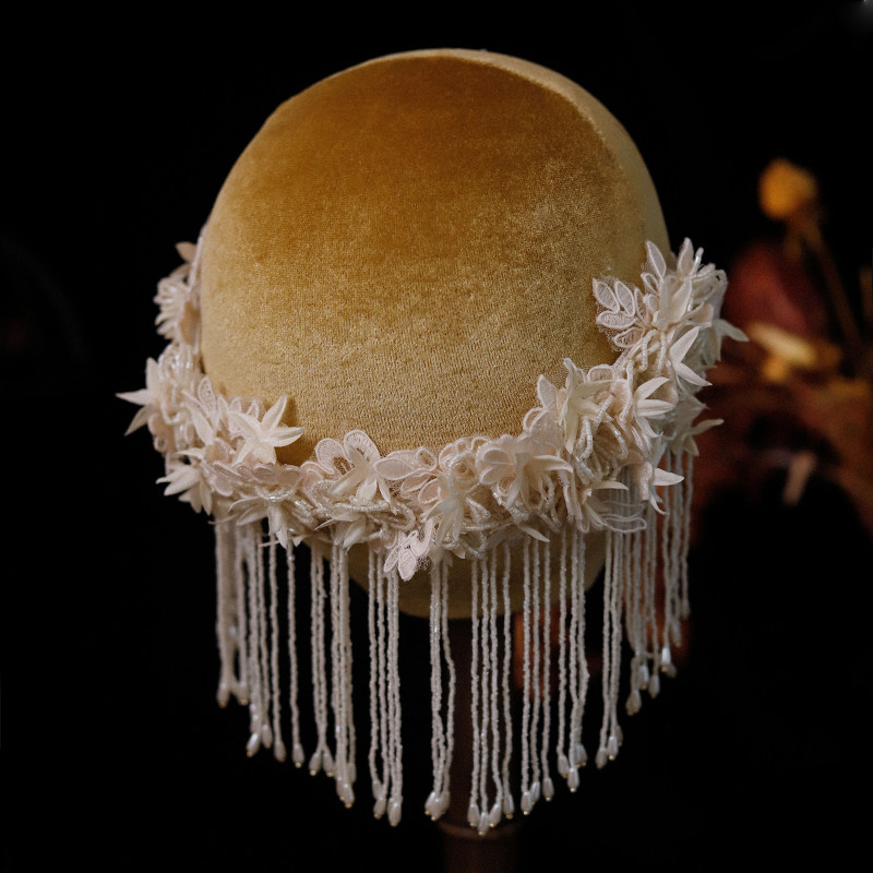 喜看手作法式串珠流苏花瓣发箍盘发后区新娘结婚复古婚纱礼服配饰