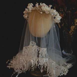 原创仙美手作花环蕾丝头纱新娘结婚复古森系写真礼服婚纱样片配饰