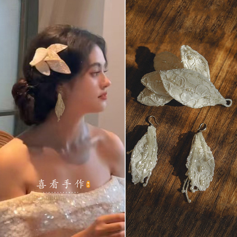 复古蕾丝串珠叶子侧边耳饰手套