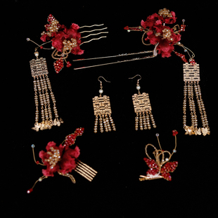 喜看手作非遗红色绒花新中式秀禾头饰新娘结婚龙凤褂汉服旗袍配饰