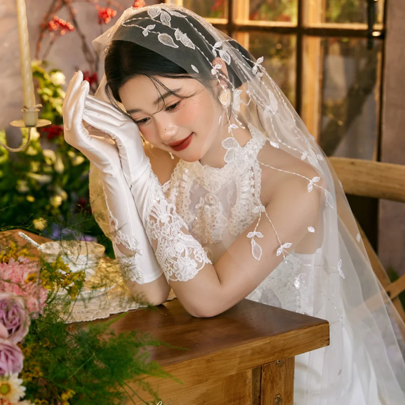 喜看手作重工串珠刺绣森系复古头纱新娘结婚法式婚纱礼服盘发饰品