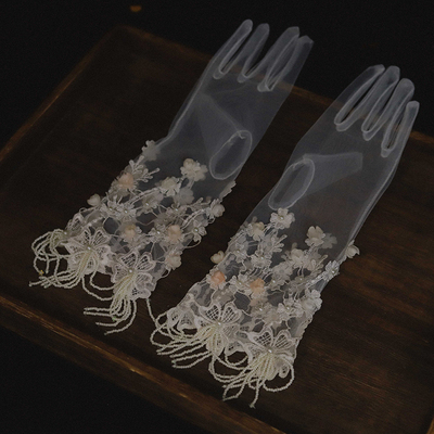 复古法式串珠花瓣长款蕾丝手套