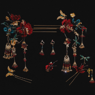 喜看重工手作红蓝减龄新中式秀禾头饰新娘结婚汉服写真盘发配饰品