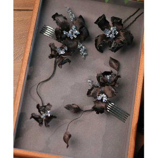 喜看手作个性黑色绒花新中式秀禾头饰新娘结婚礼服跟妆盘发配饰品