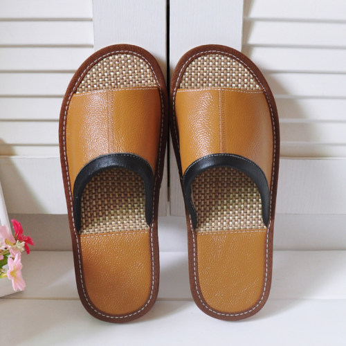 牛皮室内地板软底防滑亚麻拖鞋