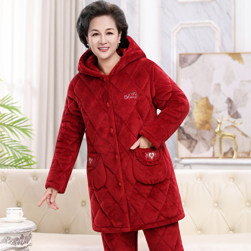 加长款连帽秋冬季睡衣女珊瑚绒夹棉加厚中老年加绒保暖家居服妈妈