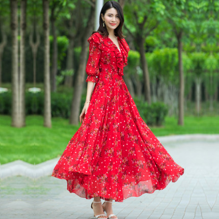 红色碎花连衣裙长款新款女夏修身显瘦气质V领雪纺大摆仙女长裙