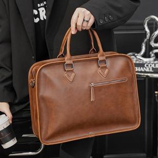 新款复古手提包男士商务电脑包通勤公文包横款文件包单肩斜挎包