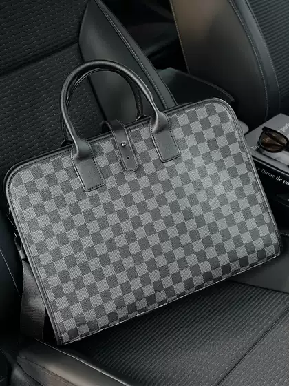 Trendy Brand Men's Business Briefcase, Casual Horizontal Handbag, Fashionable Checkerboard Pattern Korean Style Men's Bag, Single Shoulder Crossbody Bag