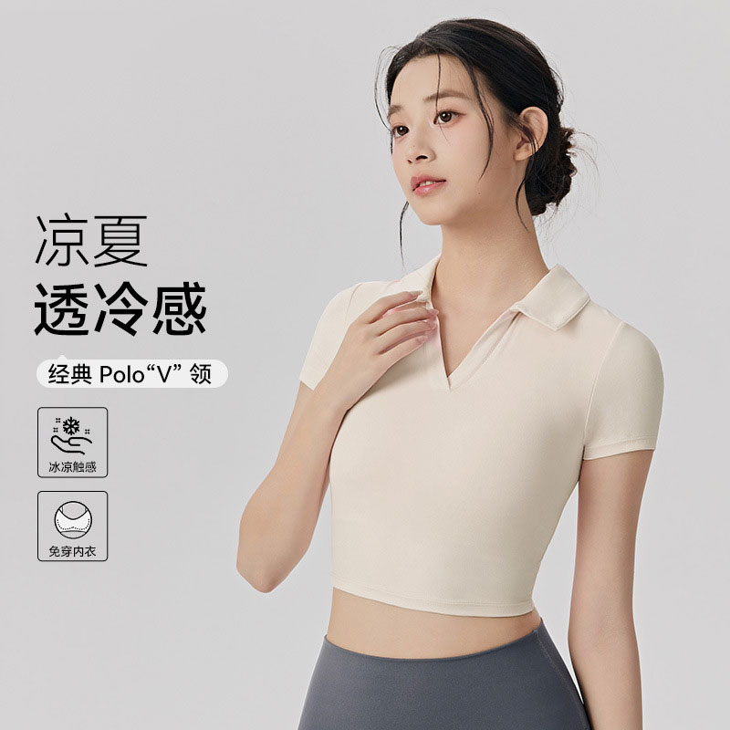 春夏polo翻领瑜伽短袖女带胸垫