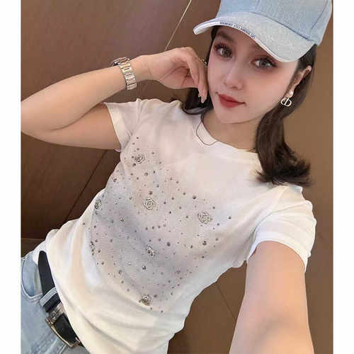 紫蓝蒙重工镶钻设计感印花t恤女
