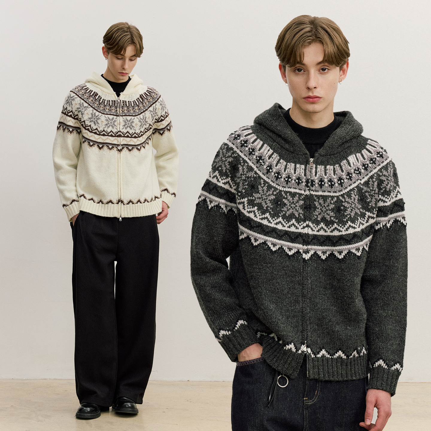 VMCL复古费尔岛绞花针织羊毛混纺连帽毛衣男女情侣25AW vermicell