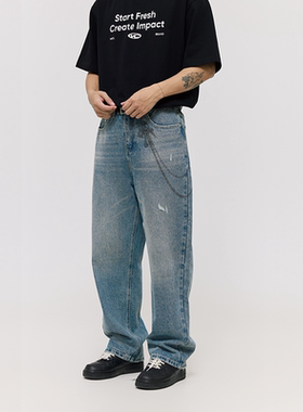 VMCL钥匙扣刺绣锁链印花复古水洗宽松直筒牛仔裤男25SS vermicell