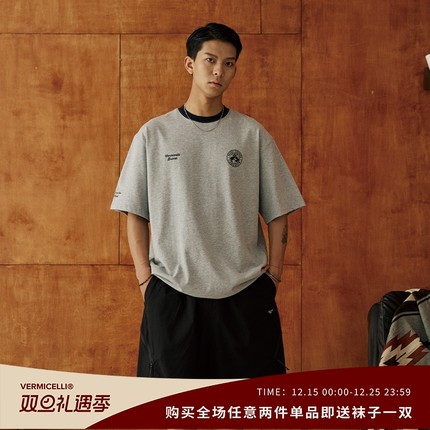 VMCL撞色拼接领口运动风小徽章宽松短袖T恤男国潮24SS vermicelli