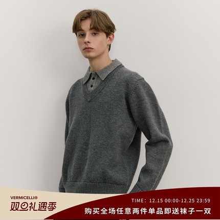VMCL老钱风假两件深V领灰色厚款翻领毛衣针织衫男25AW vermicelli