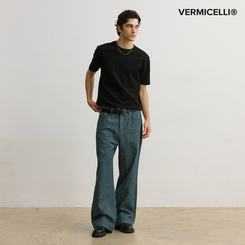 VMCL手缝针湖水绿cleanfitA字直筒牛仔裤男 EX拉链 26AW vermicel