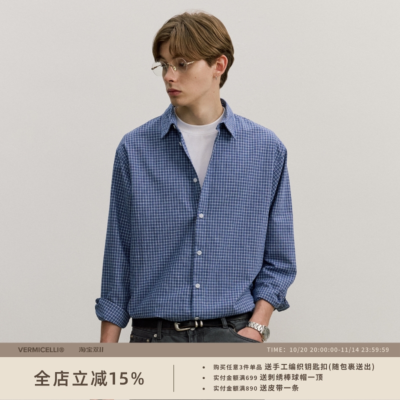 VMCL高智感色织细格纹宽松休闲纯棉蓝色格子衬衫男25AW vermicell