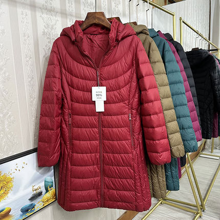 户外90白鸭绒羽绒服女中长款收腰显瘦加肥加大时尚连帽保暖外套