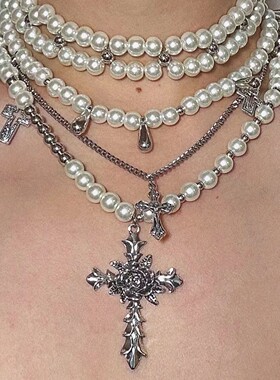 欧美跨境嘻哈朋克玫瑰花朵十字架项链 复古水滴珍珠串珠项饰套装