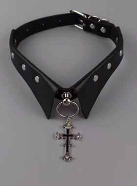 跨境爆款假领十字架项圈暗黑哥特朋克choker皮圈金属辣妹锁骨