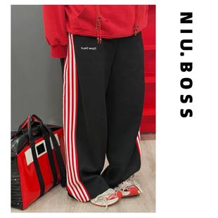 黑红撞色运动刺绣休闲裤 Three 痞帅高街 250斤 Ten.N大码