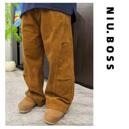 Three Ten.N大码270斤“焦糖棕榈岛”宽松显瘦条绒直筒裤