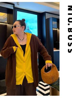 Three Ten.N大码270斤“蜂蜜摩卡”撞色拼接假两件连帽针织毛衣