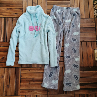 外贸捡漏 软绵绵卡通秋冬高领珊瑚绒睡衣睡裤套装少女学生家居服