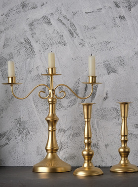 家居餐桌摆件烛光晚餐金色烛台欧式轻奢蜡烛台婚礼道具装饰品