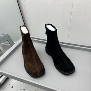 厂家断码 复古圆头舒适低粗跟后拉链女短靴 处理真皮女靴2024秋新款