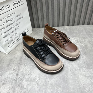 百搭英伦风圆头系带单鞋 断码 深口低跟时尚 2025秋新款 处理真皮女鞋