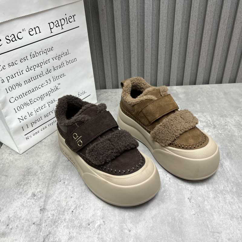 清仓断码处理真皮女鞋2025秋冬季新款圆头魔术贴厚底加绒保暖棉鞋