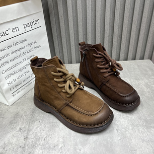 侧拉链加绒棉靴牛皮英伦短靴 新款 厂家断码 处理真皮女靴2025秋冬季