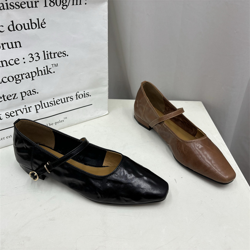 断码处理真皮女鞋2024春季新款方头搭扣玛丽珍低跟浅口羊皮女单鞋