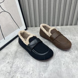 潮鞋 厂家断码 圆头套脚平底豆豆加绒保暖乐福鞋 2023秋新款 处理女鞋