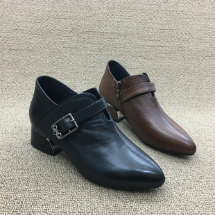 尖头粗跟皮带扣侧拉链牛皮深口女单鞋 处理真皮女鞋 断码 2024春新款