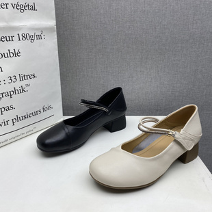 牛皮单鞋 厂家处理真皮女鞋 粗跟中跟魔术贴玛丽珍时尚 2025秋季 新款