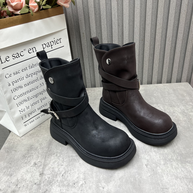 厂家断码处理女靴2025秋冬季新款皮带扣中跟骑士靴加绒保暖马丁靴