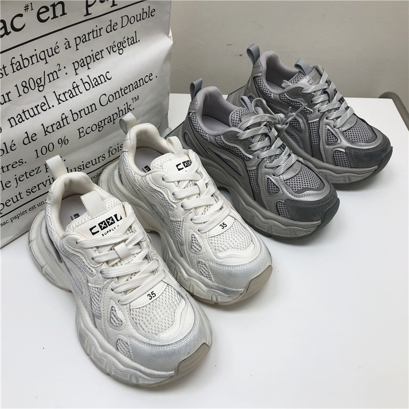 清仓断码处理真皮女鞋2025春季新款厚底跑步老爹鞋学院风运动鞋