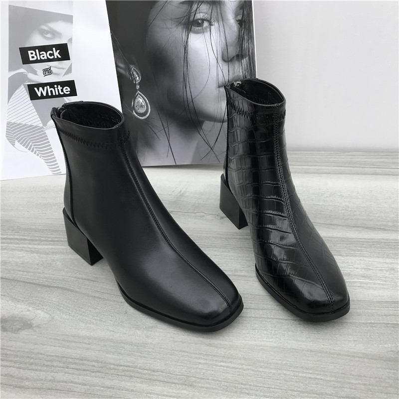 断码处理秋冬新款粗跟鳄鱼纹女靴